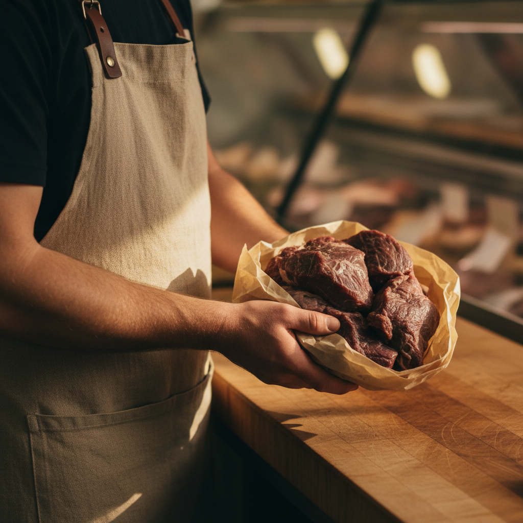 Hands selecting fresh meat at a butcher