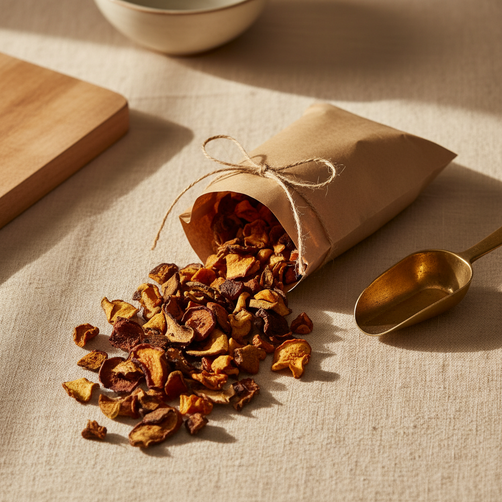 Kraft pouch with treats on cream linen