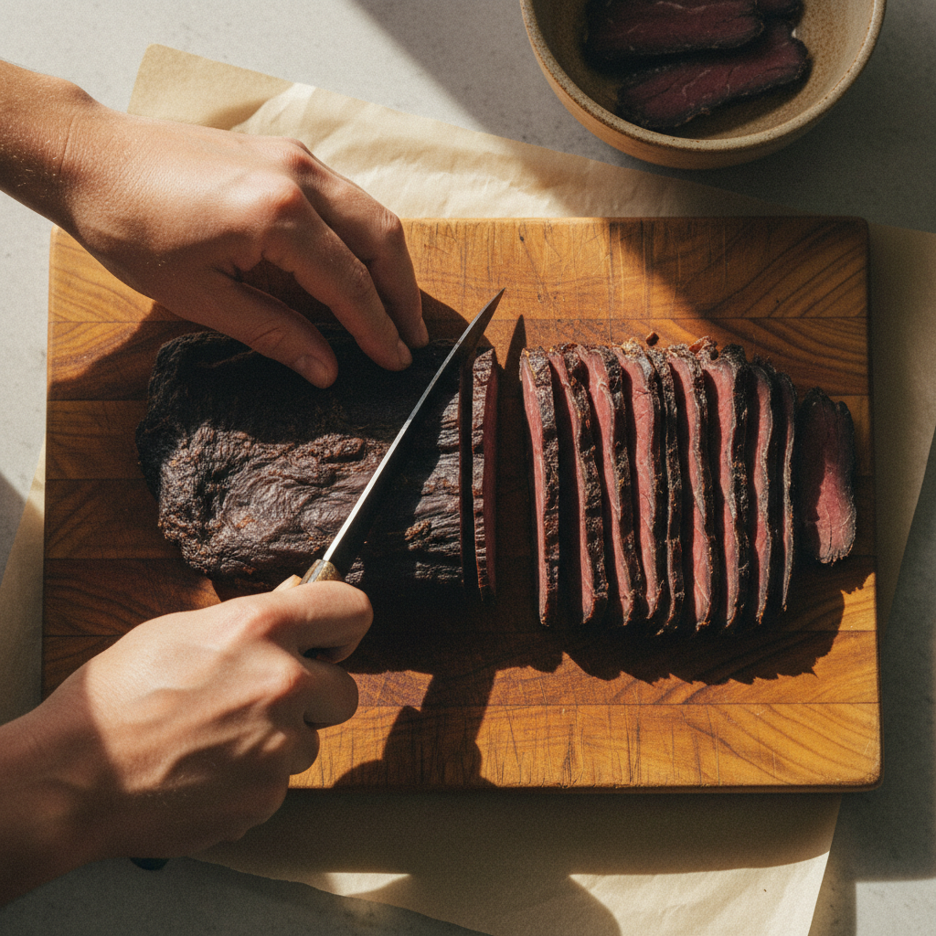 Hand-slicing meat on a wooden board