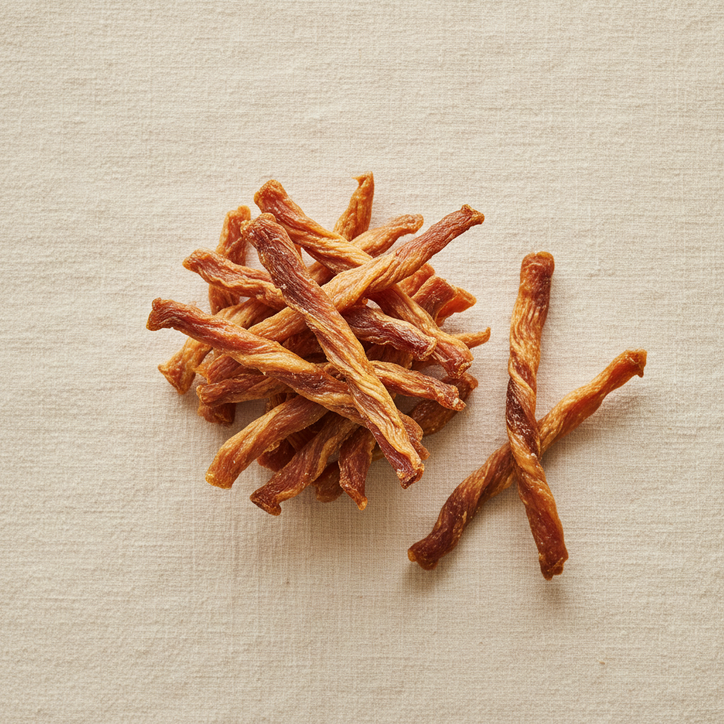 Dehydrated chicken jerky close-up